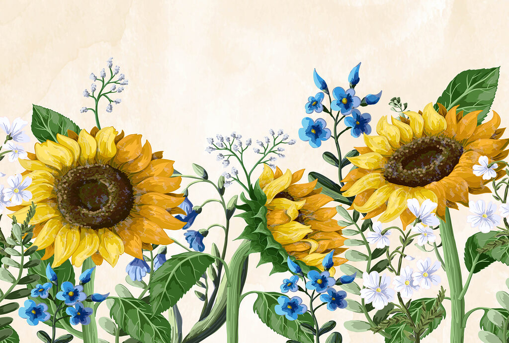 Groep zonnebloemen en andere bloemen Groep zonnebloemen en andere bloemen