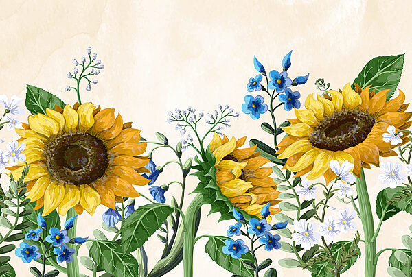 Groep zonnebloemen en andere bloemen Groep zonnebloemen en andere bloemen