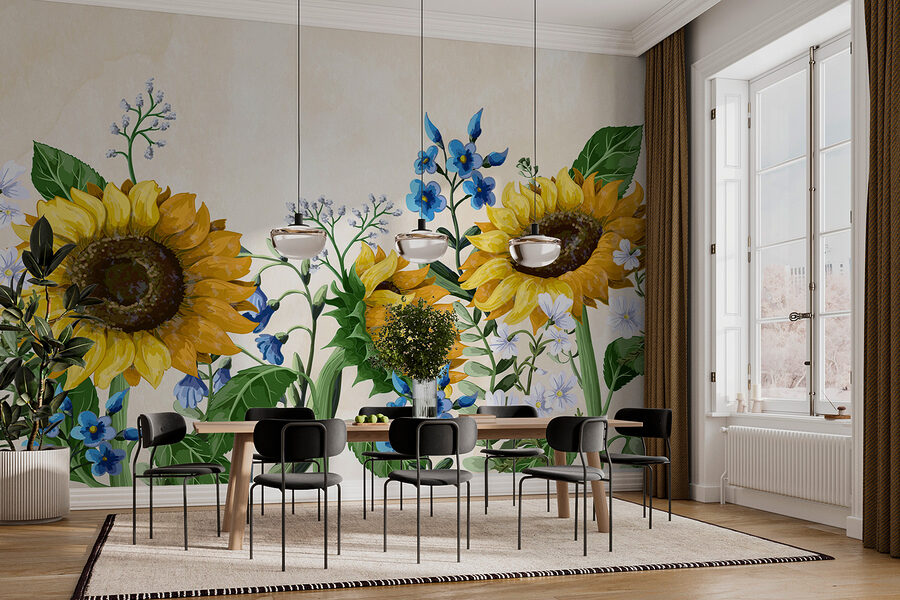 Groep zonnebloemen en andere bloemen