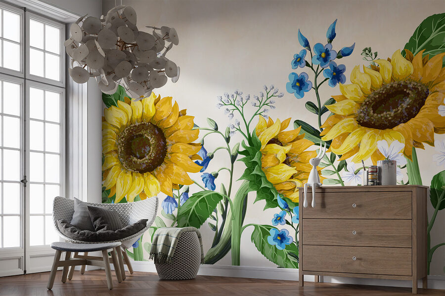Groep zonnebloemen en andere bloemen