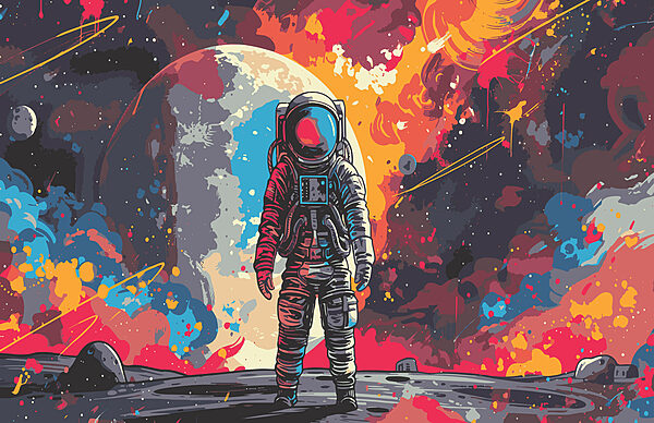 Astronaut in de ruimte met een grote rode en oranje ruimte achter hem Astronaut in de ruimte met een grote rode en oranje ruimte achter hem