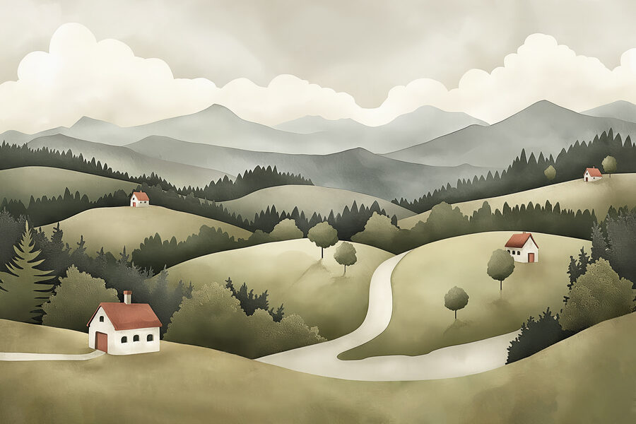Landschap met huizen en bomen