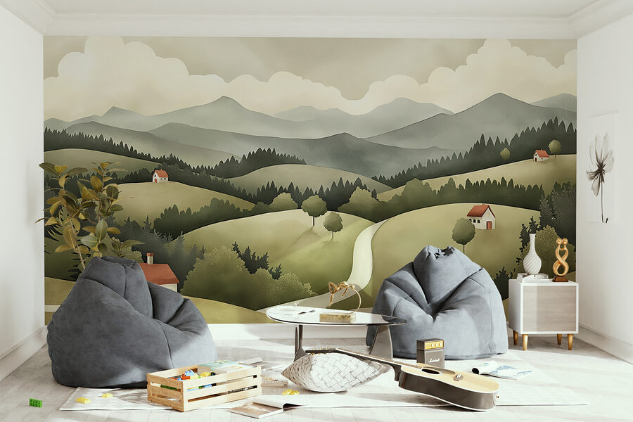 Landschap met huizen en bomen