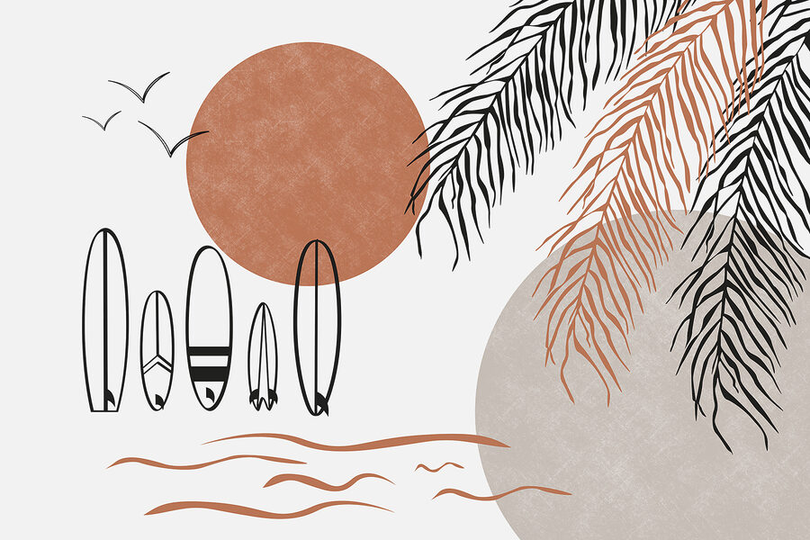 Surfplanken en palmbladeren