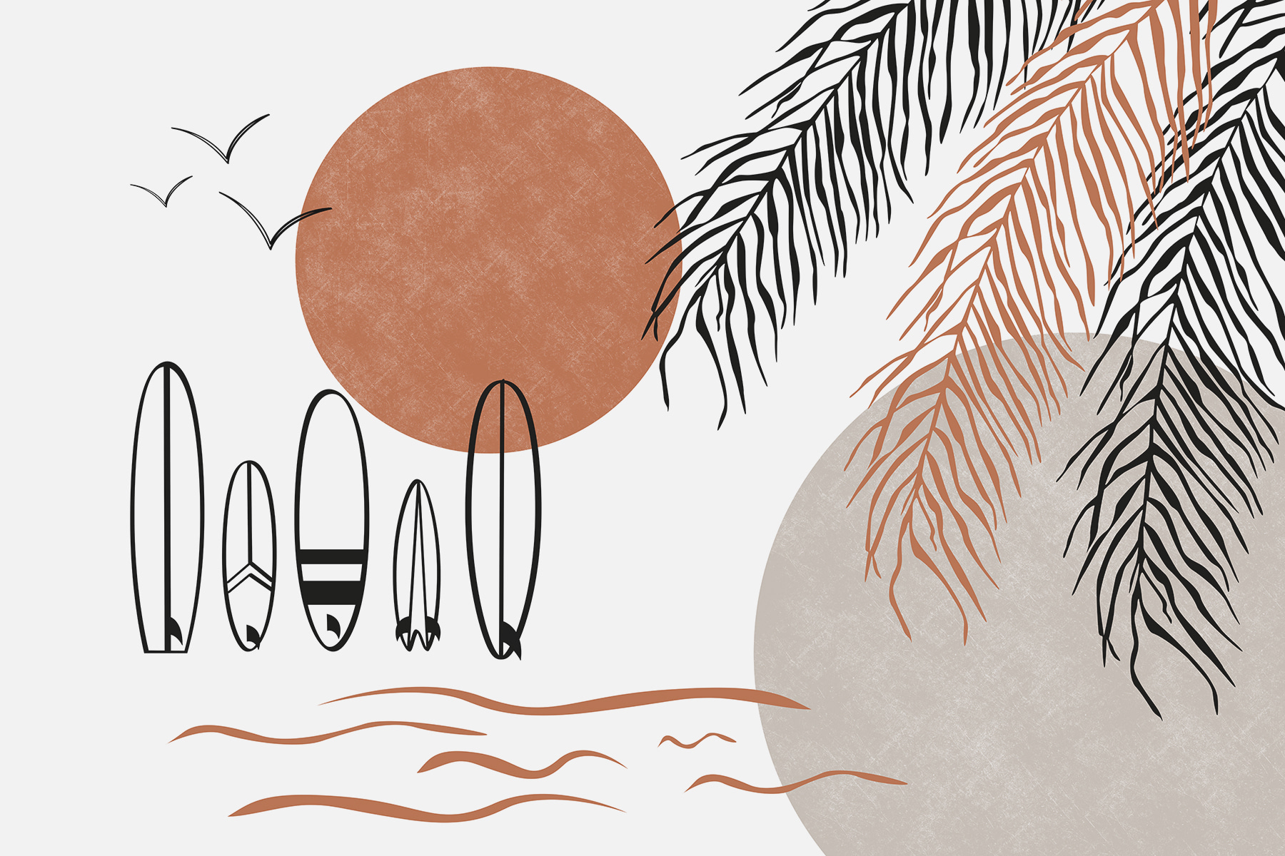 Surfboards and palm leaves