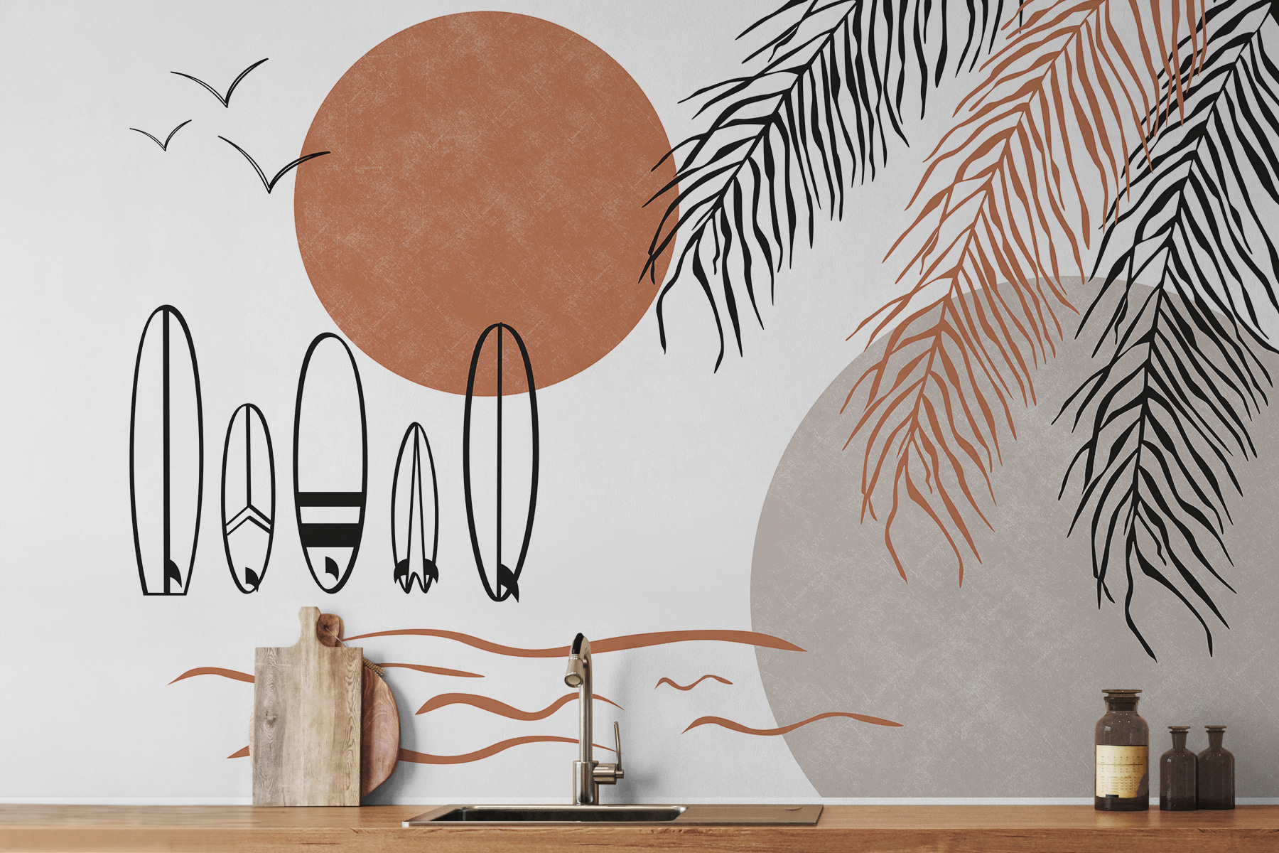 Surfboards and palm leaves