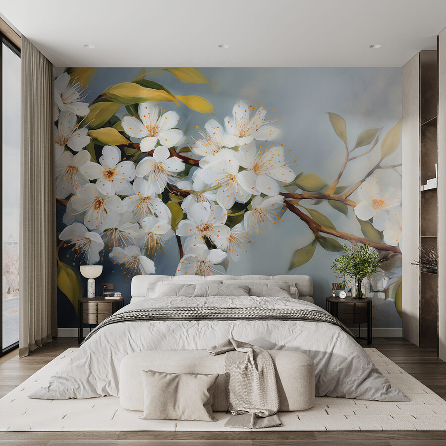Witte bloemen aan een tak