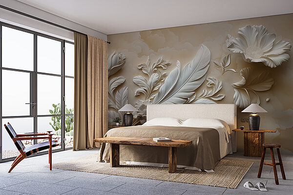 Wit bloemmotief op een muur w01355pib10mr 600x400 - Wit bloemmotief op een muur