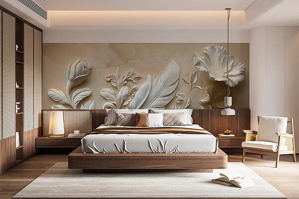 Wit bloemmotief op een muur w01355pib11r 600x400 - Wit bloemmotief op een muur