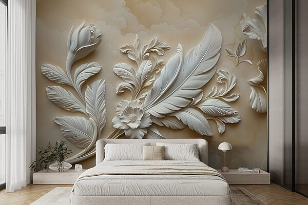 Wit bloemmotief op een muur w01355pib4r 600x400 - Wit bloemmotief op een muur