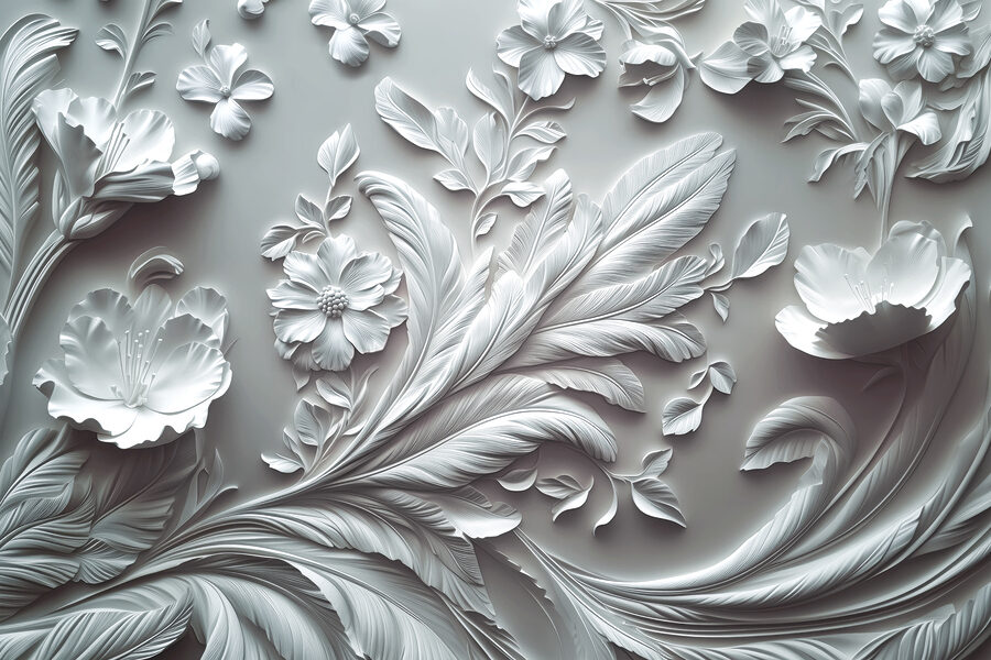 Witte muur met bloemen en bladeren
