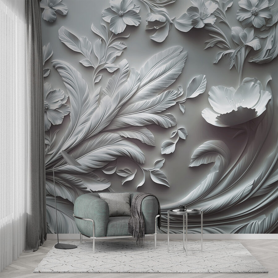 Witte muur met bloemen en bladeren