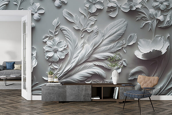 Witte muur met bloemen en bladeren Witte muur met bloemen en bladeren