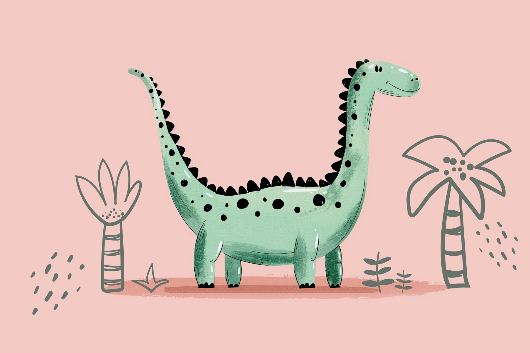 Cartoon dinosaur with plants and leaves