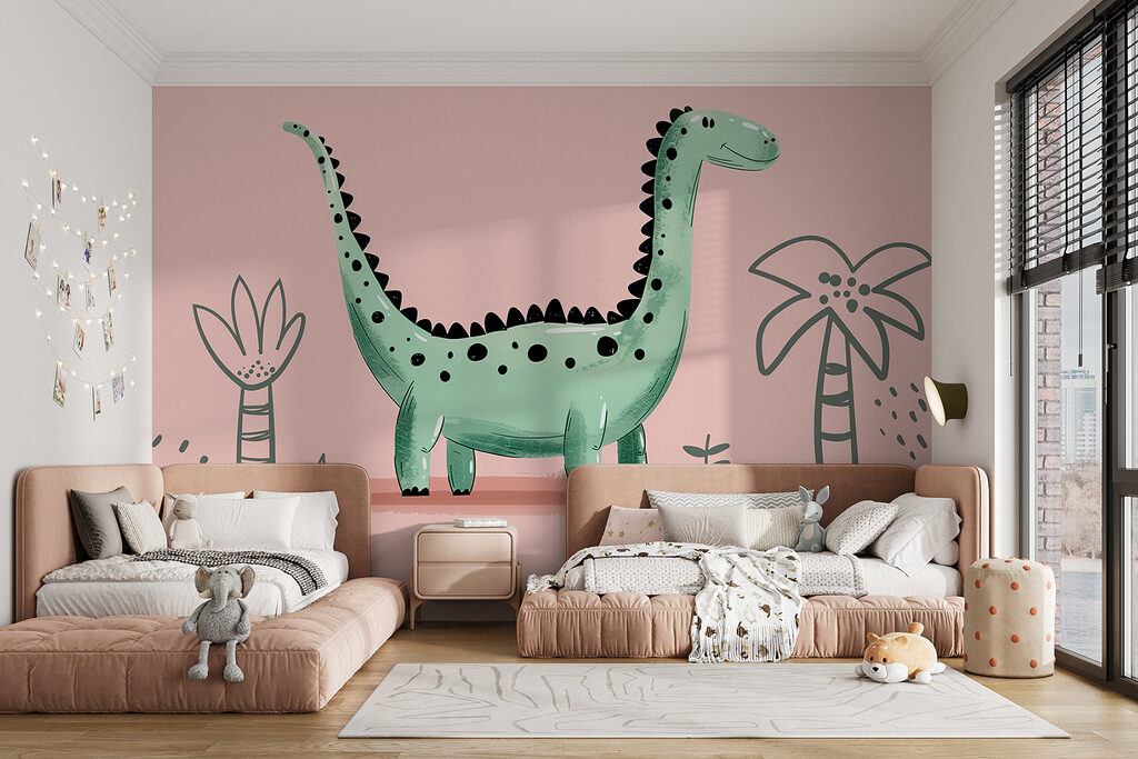 Cartoon dinosaur with plants and leaves