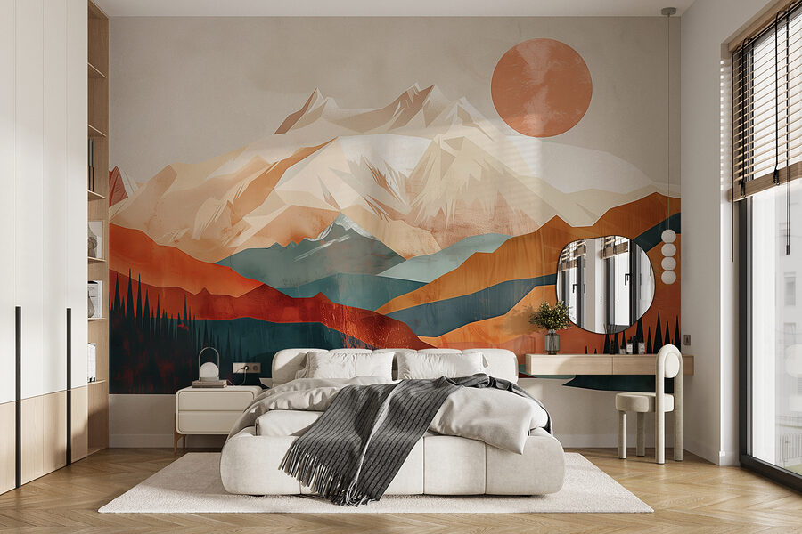 Fotobehang Berglandschap met bomen en een meer