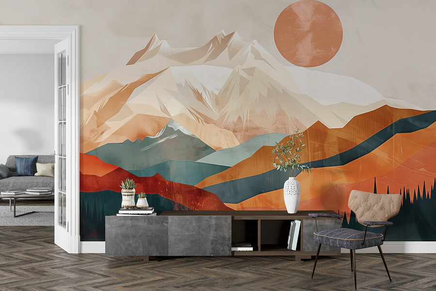 Fotobehang Berglandschap met bomen en een meer - Afbeelding 3