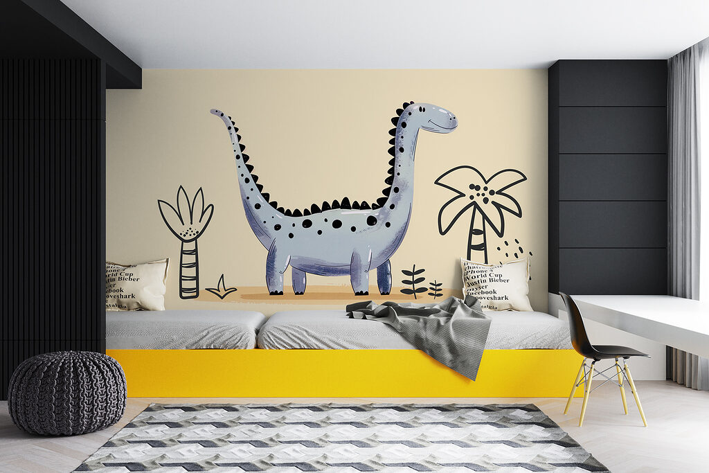 Cartoon dinosaur with plants and flowers