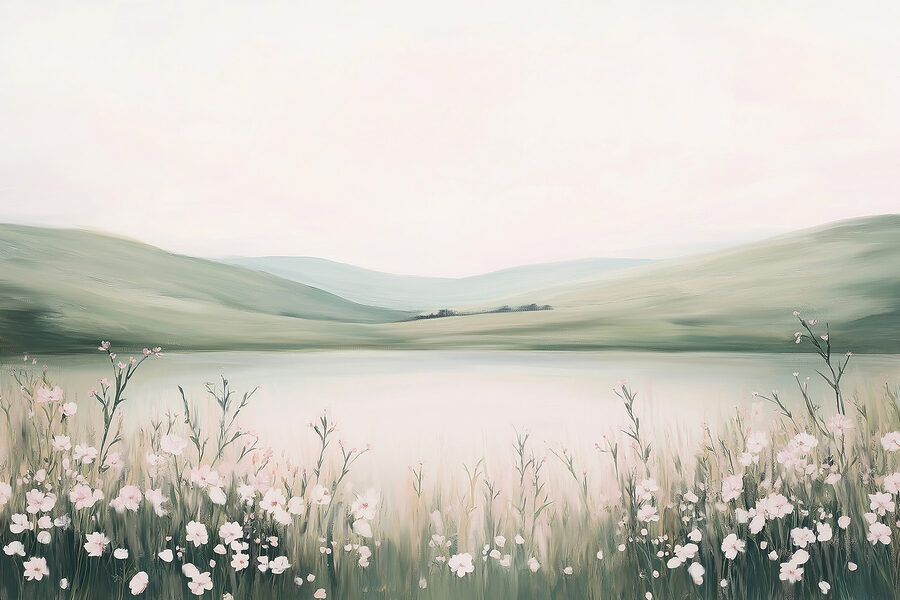 Schilderij van een meer met bloemen