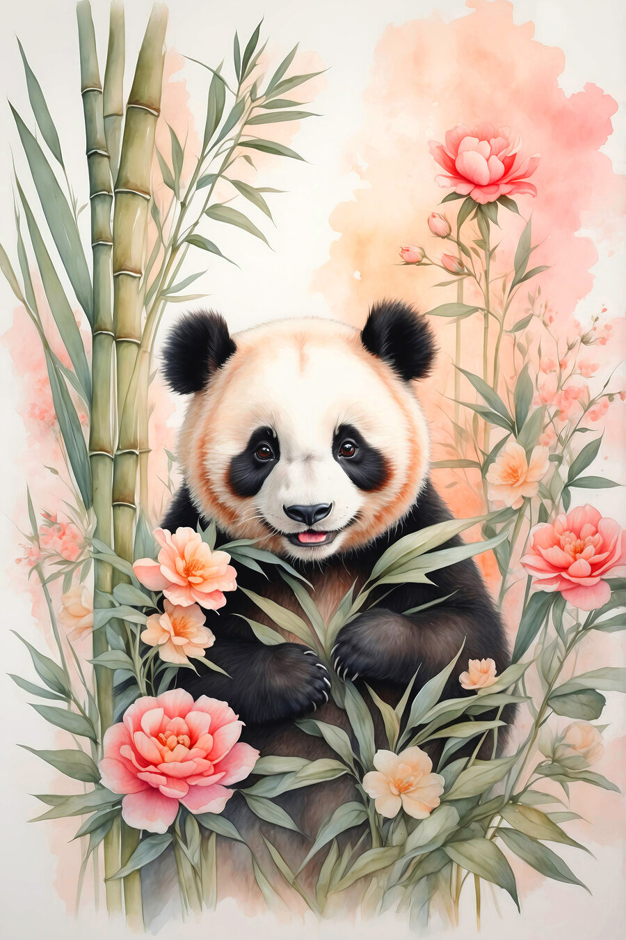 Pandabeer met bloemen en bamboe Pandabeer met bloemen en bamboe