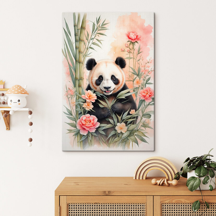 Pandabeer met bloemen en bamboe Pandabeer met bloemen en bamboe