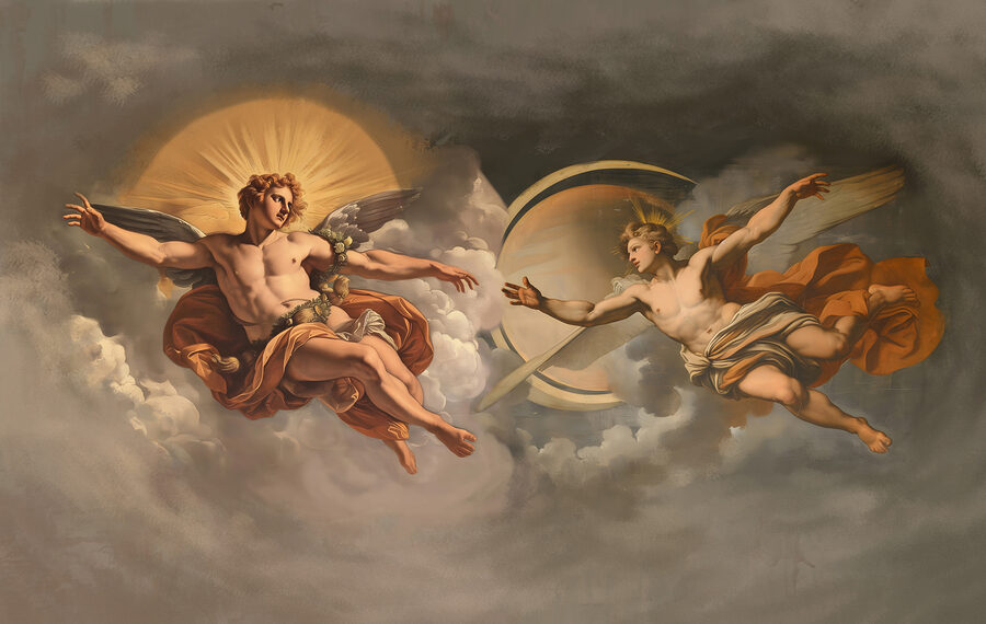Schilderij van engelen in de lucht