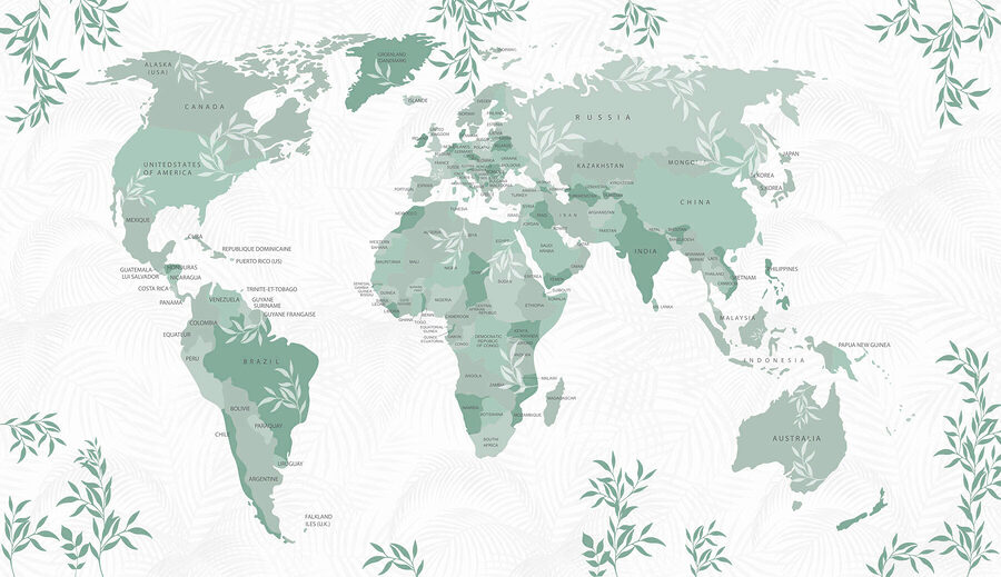 Kaart van de wereld met groene bladeren
