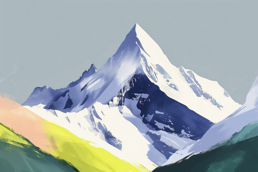 Berg met sneeuw en groene heuvels Berg met sneeuw en groene heuvels