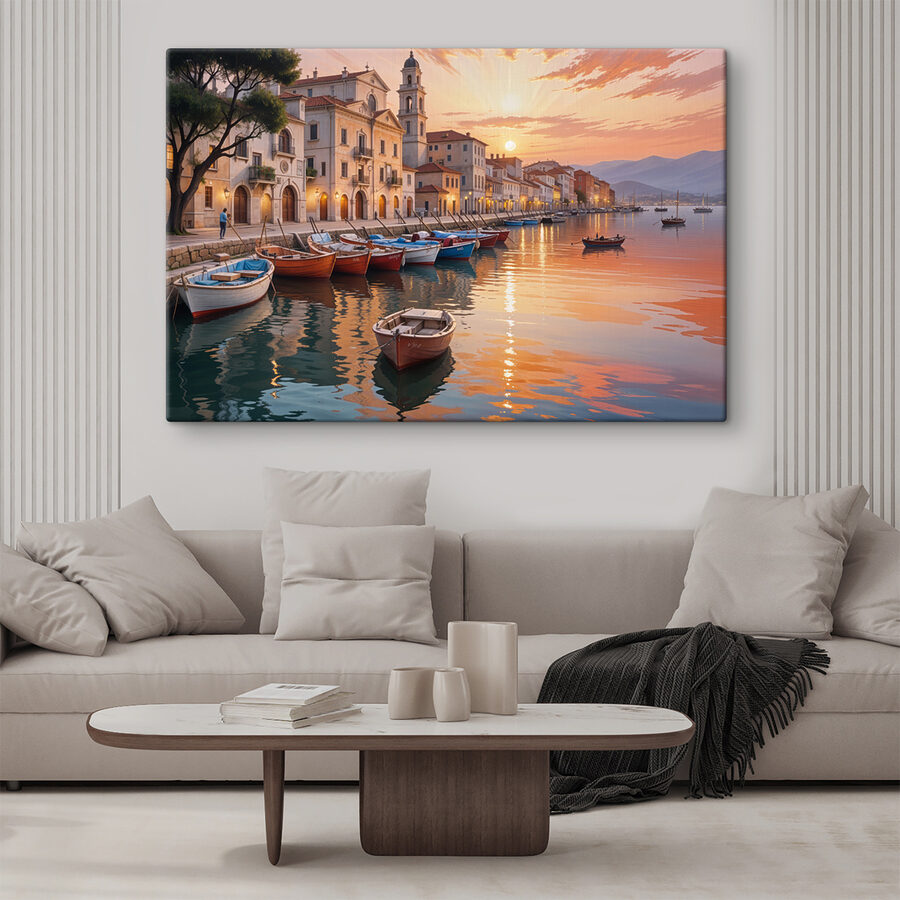 Canvas Schilderijen Boten op het water met gebouwen op de achtergrond