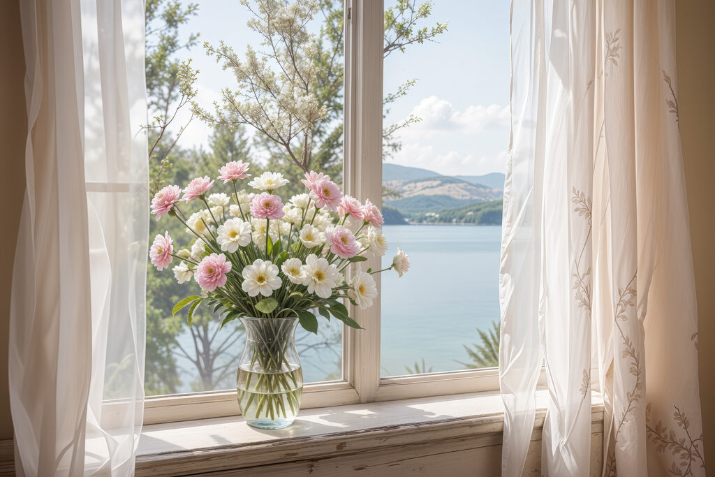 Vase of flowers in front of a window