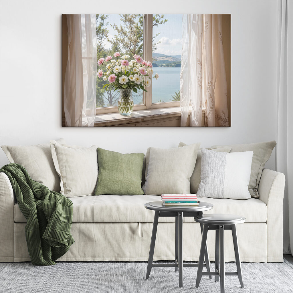 Vase of flowers in front of a window