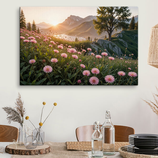 Veld met roze bloemen met een boom en bergen op de achtergrond Canvas Schilderijen Veld met roze bloemen met een boom en bergen op de achtergrond