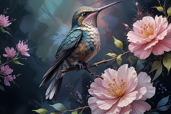 Vogel zittend op een tak met bloemen Vogel zittend op een tak met bloemen