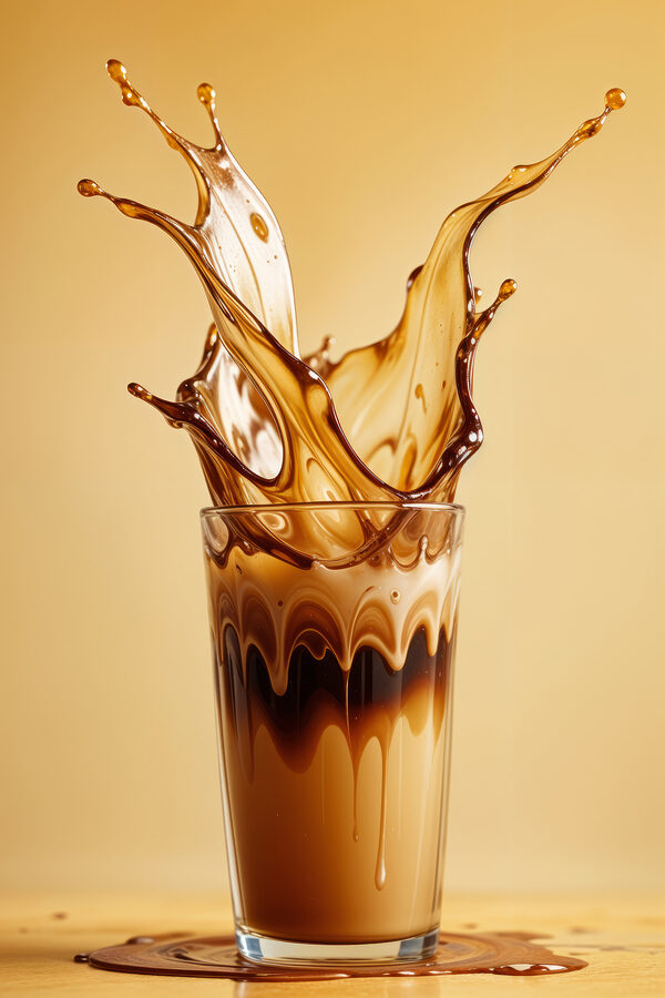 Glas vloeistof met bruine vloeistof die eruit spat Glas vloeistof met bruine vloeistof die eruit spat
