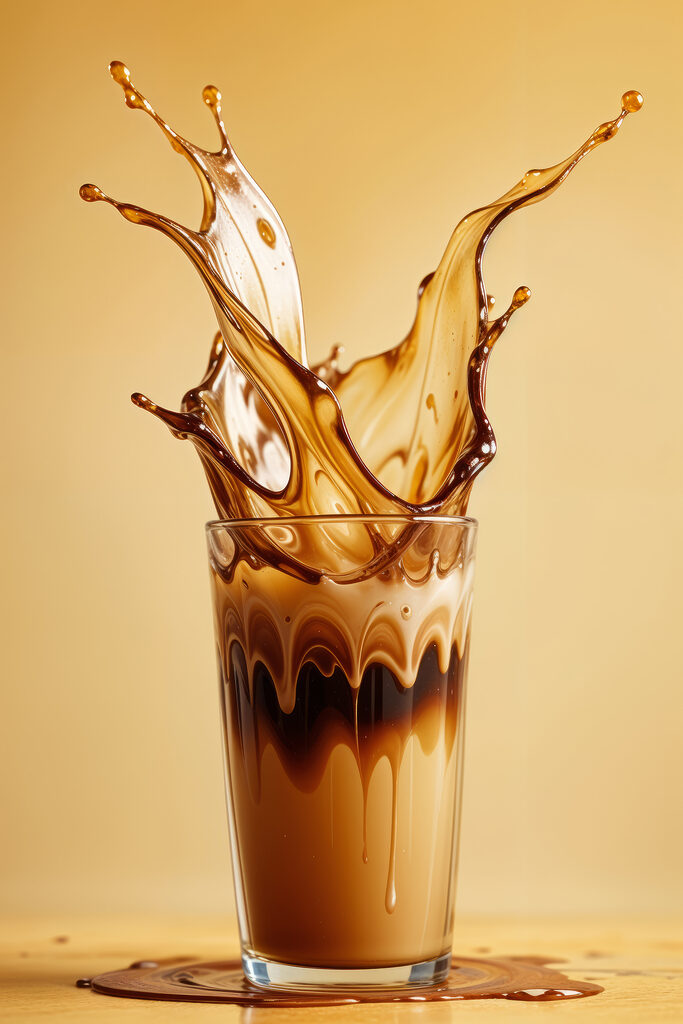 Glass of liquid with brown liquid splashing out