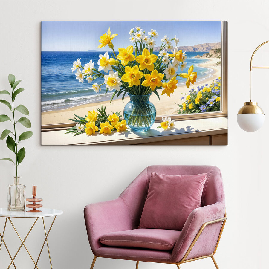 Vaas met gele en witte bloemen op een vensterbank