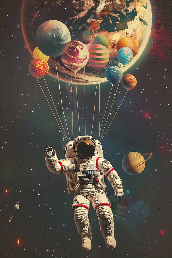 Een astronaut zwevend in de ruimte met ballonnen Een astronaut zwevend in de ruimte met ballonnen
