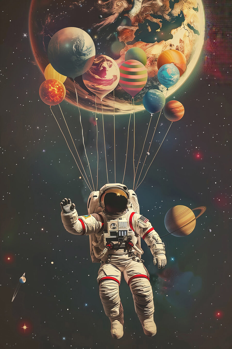 Een astronaut zwevend in de ruimte met ballonnen