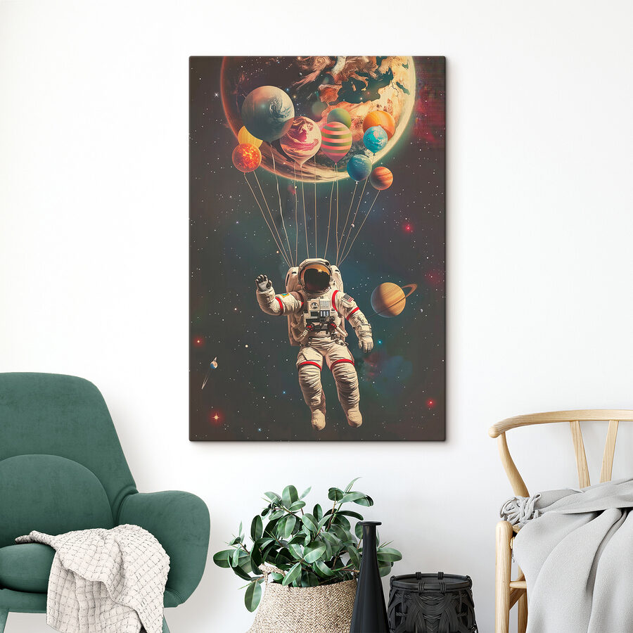 Een astronaut zwevend in de ruimte met ballonnen