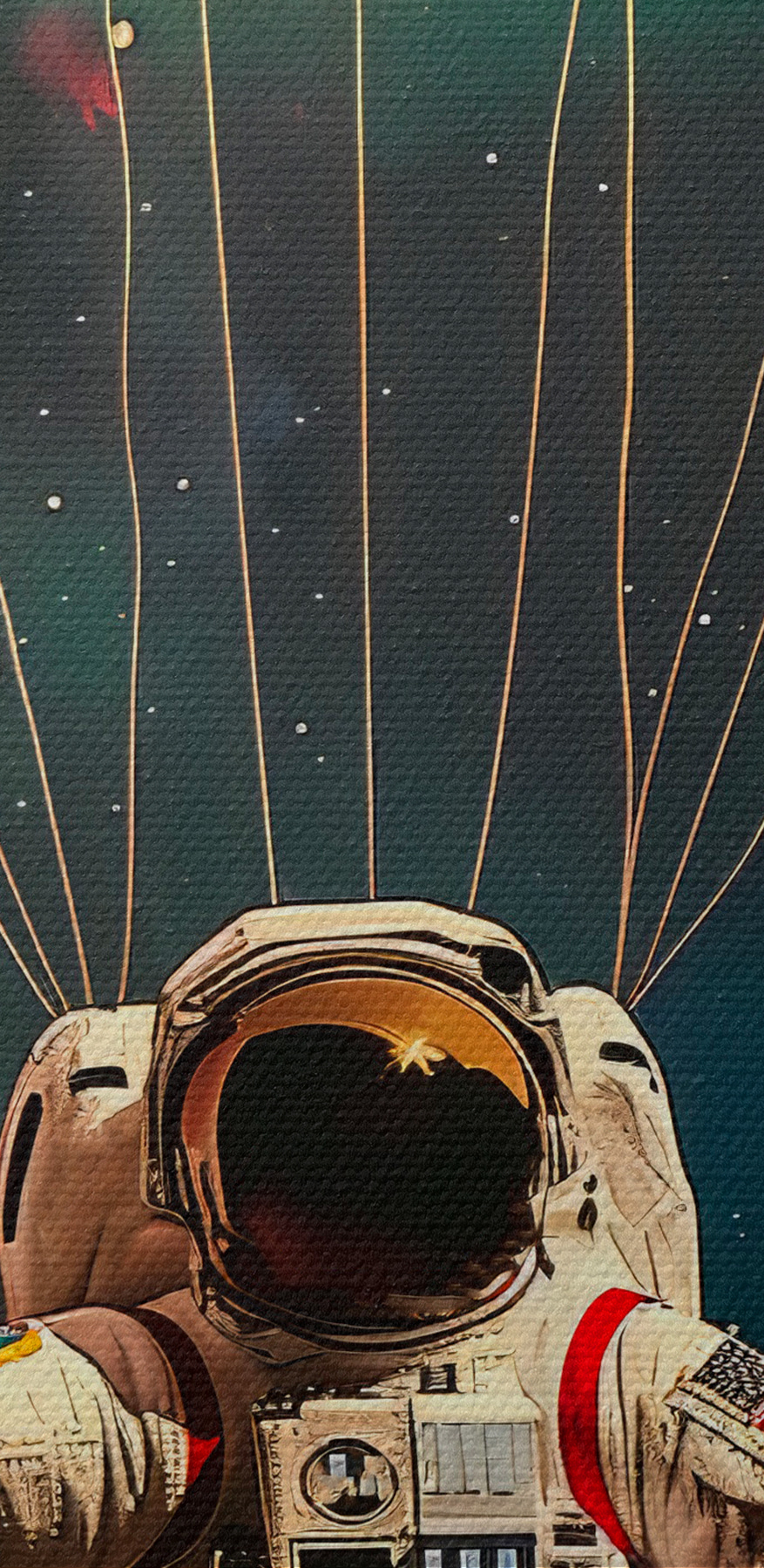 Een astronaut zwevend in de ruimte met ballonnen
