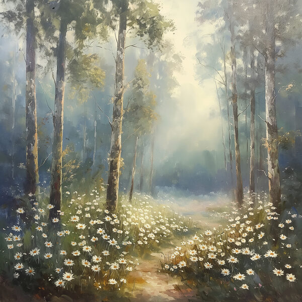Schilderij van een bos met bloemen en bomen Schilderij van een bos met bloemen en bomen