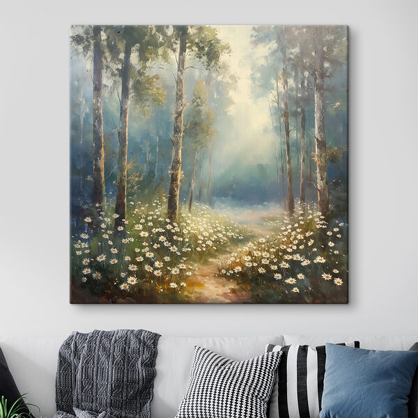 Schilderij van een bos met bloemen en bomen Schilderij van een bos met bloemen en bomen