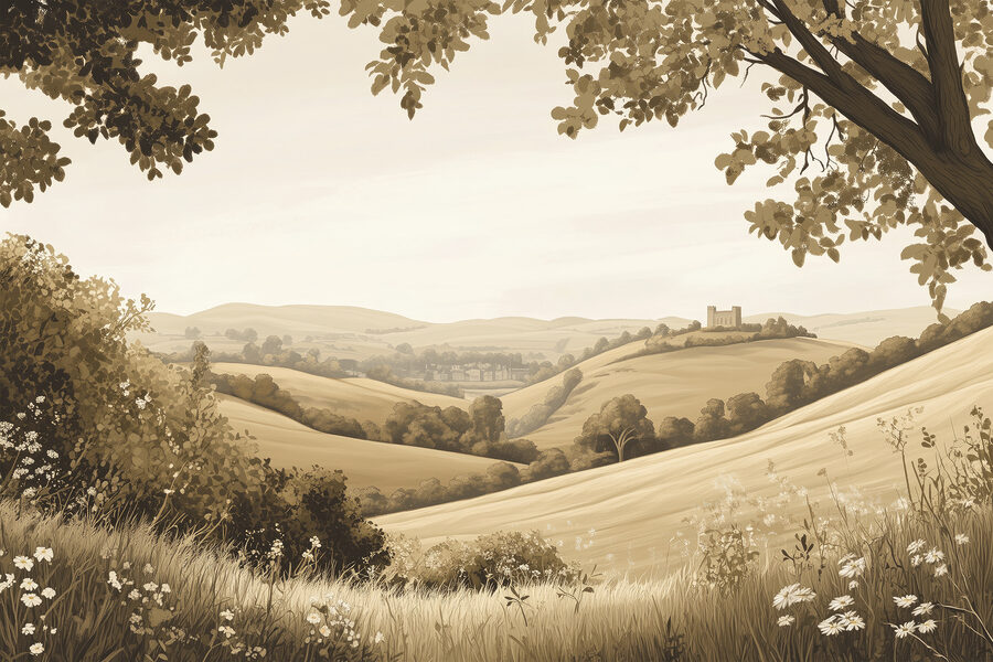 Landschap met heuvels en bomen