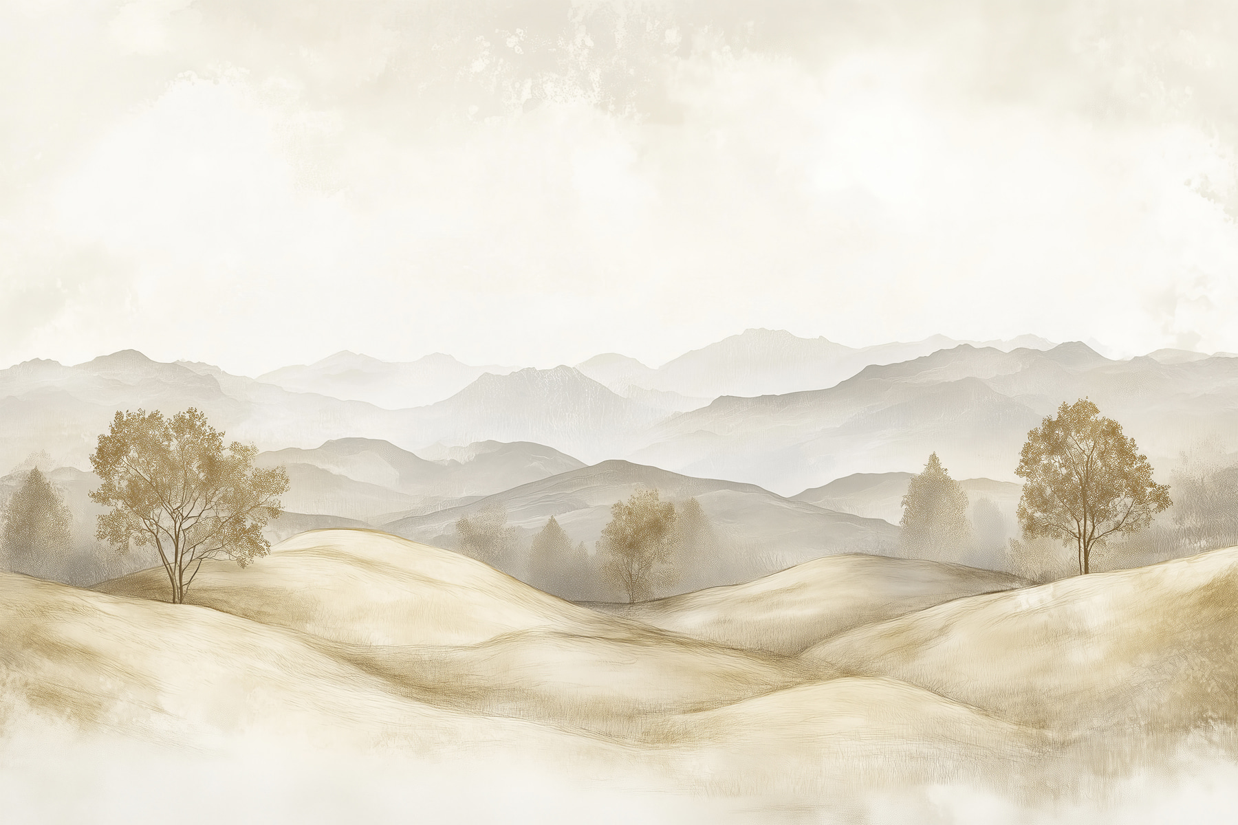 Landscape of hills with trees and mountains in the background