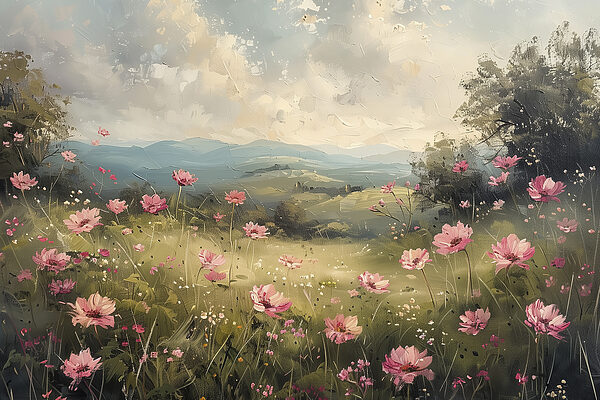 Schilderij van een veld met roze bloemen Schilderij van een veld met roze bloemen