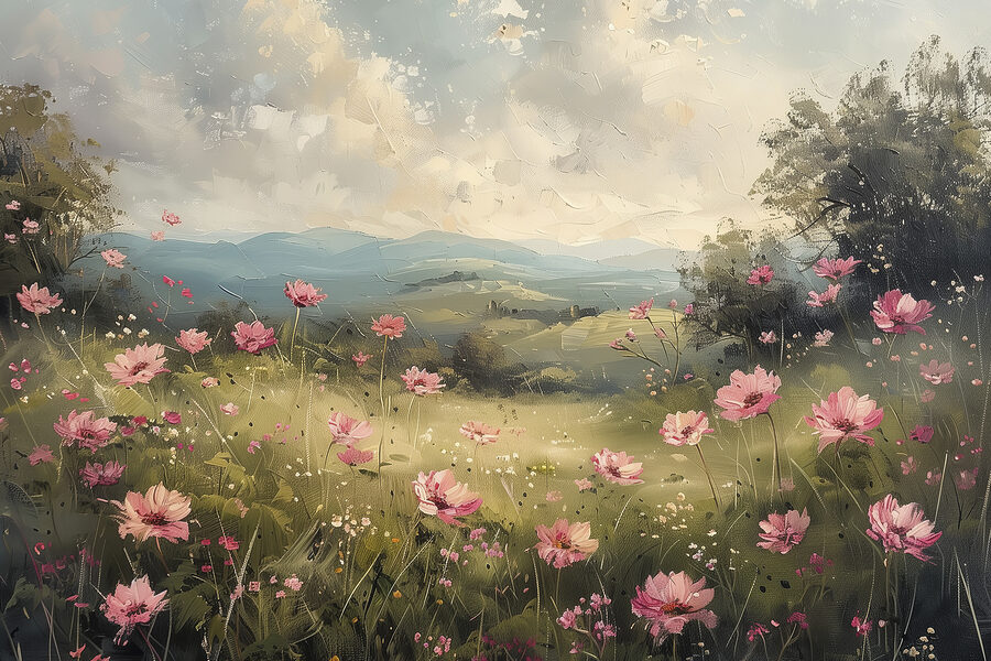 Schilderij van een veld met roze bloemen
