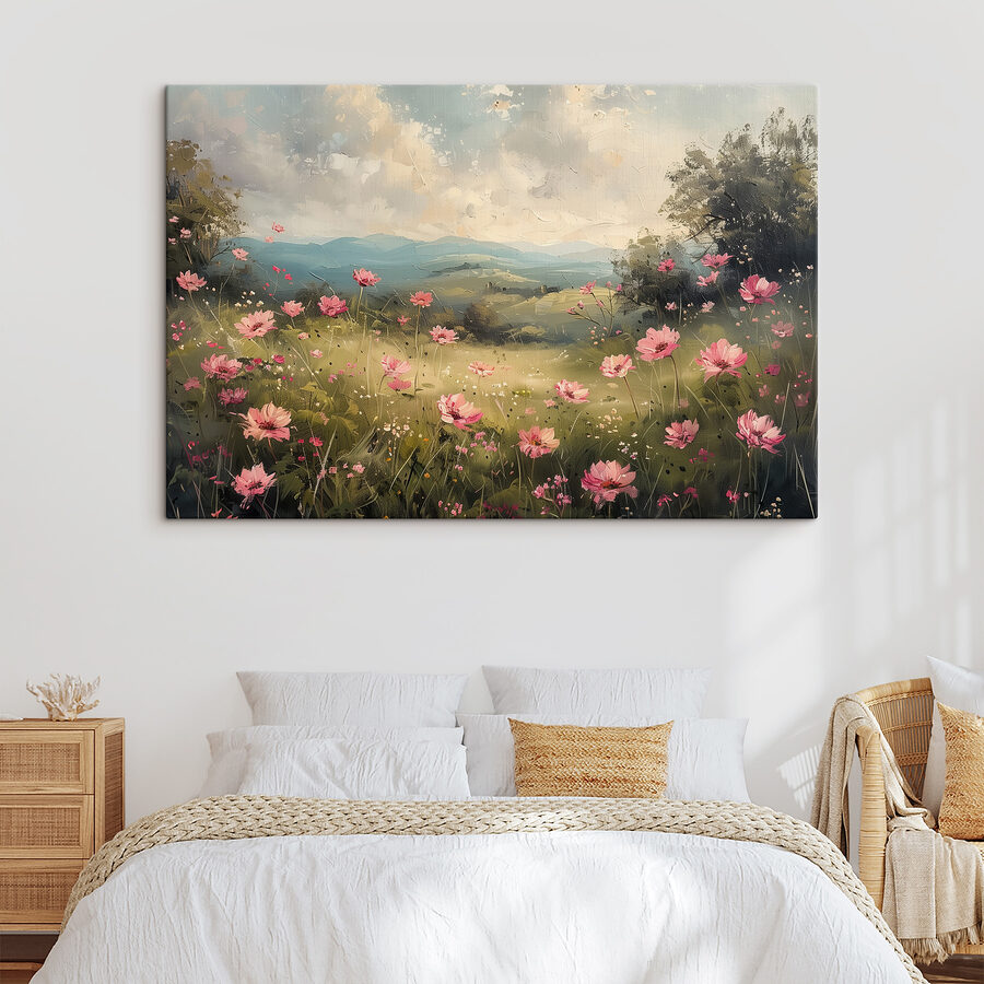 Schilderij van een veld met roze bloemen