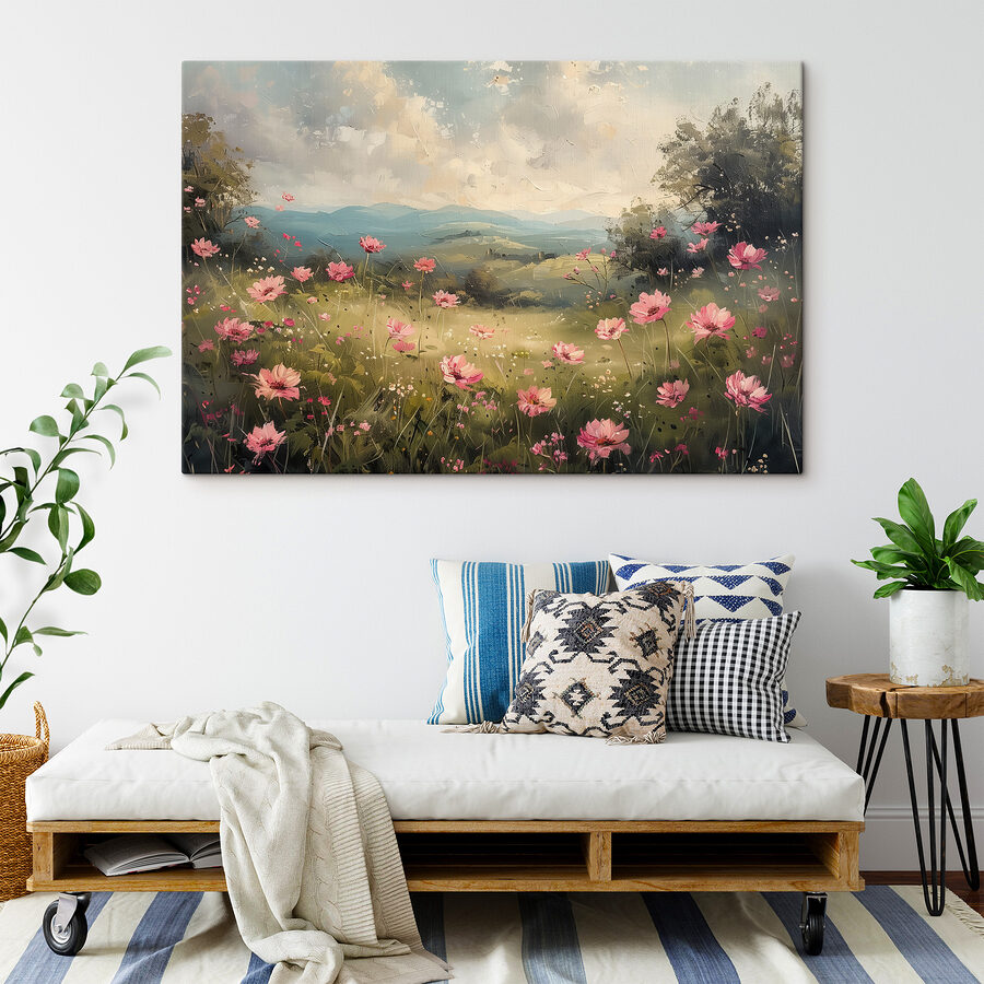 Schilderij van een veld met roze bloemen