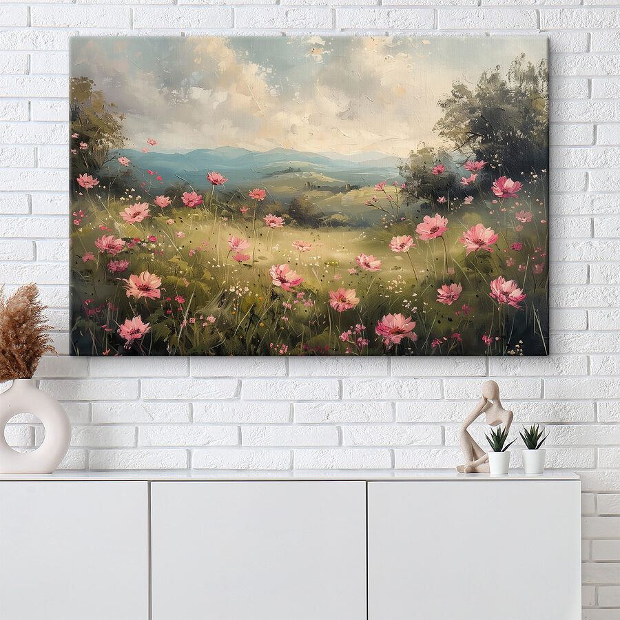 Schilderij van een veld met roze bloemen