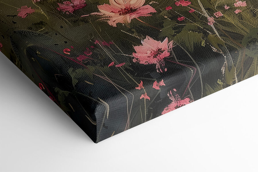 Schilderij van een veld met roze bloemen